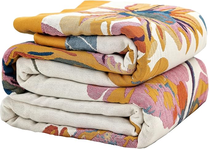 Boho Throw Blanket, 100% Organic Cotton Ultra Soft Bed 50" x 60" Throw - Christmas Blanket Skin-Friendly All Season Rustic Floral Decor Blanket for Sofa Couch Chair Tas -Beige