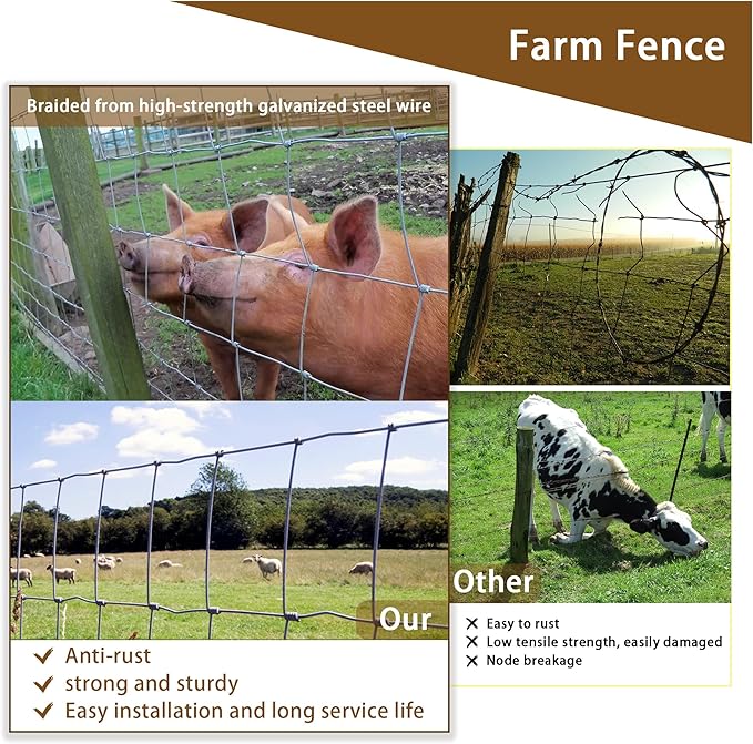 Livestock Fence, 6ft x 100ft Galvanized Cattle Fence, Heavy Zinc Coating Wire Fencing,Farm Fence for Hog Goat Deer Horse