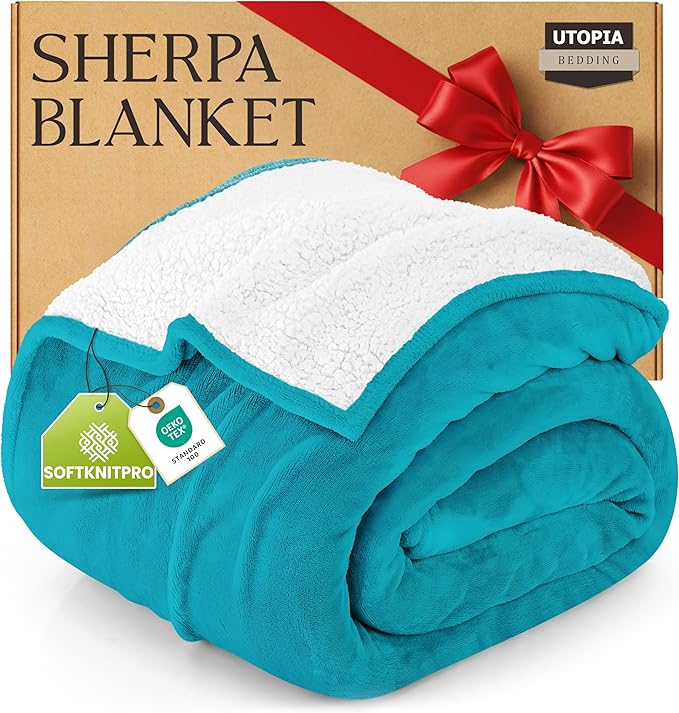 Utopia Bedding Sherpa Blanket California King Size (Turquoise, 102x96 Inches) - Soft Lightweight Plush Fleece Reversible Blanket for Bed, Sofa, Couch, Camping and Travel