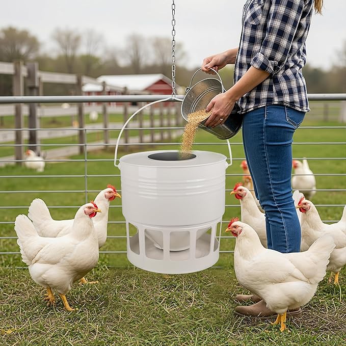 KOL Hanging Chicken Feeder – 20lbs Metal Chicken Feeder, Adjustable Poultry Feeder with 12 Ports, No Installation & Universal Height Design (Jade White)