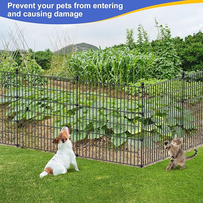10 Panels No Dig Decorative Garden Fence with Gate, 32 in(H) X 23.6 ft(L) Outdoor Dog Rabbits Fence, Animal Barrier Pet Fencing Rustproof Metal Wire Panel Border for Yard, Patio, Flower Bed