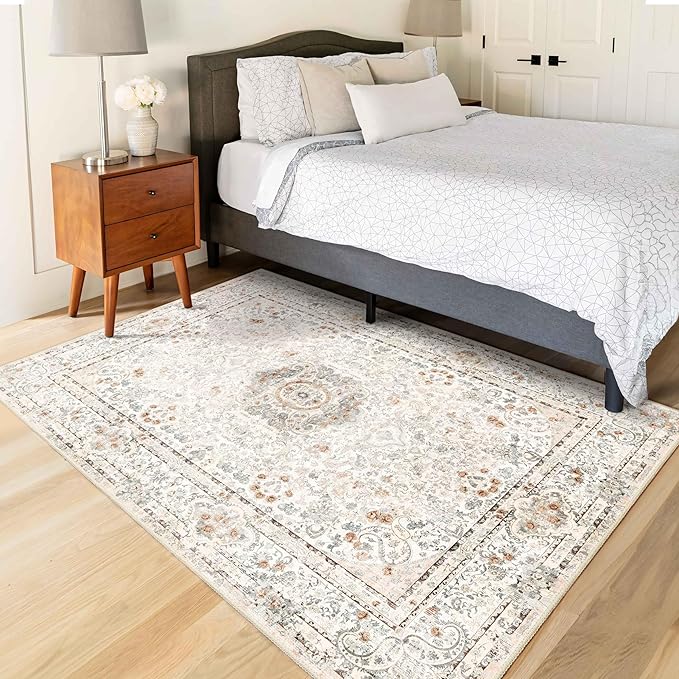 Boho Rug 3x5,Washable Area Rugs for Bedroom Living Room Kitchen Entryway,Small Vintage Bohemian Distressed Non Slip Carpet,Beige