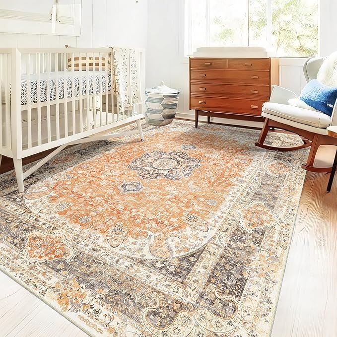 5x7 Area Rugs Washable,Boho Rug for Living Room Bedroom Kitchen,Large Vintage Bohemian Farmhouse Distressed Carpet Non Slip,Retro Orange Grey Floral