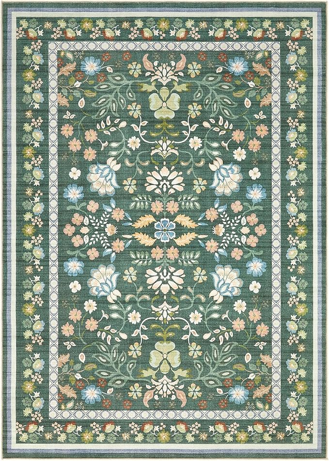 10x12 Area Rug Living Room Rugs - Washable Boho Vintage Floral Large Soft Non Slip Thin Rug Low Pile Carpet for Bedroom Dining Room Kids Playroom Office Decor Indoor- Green