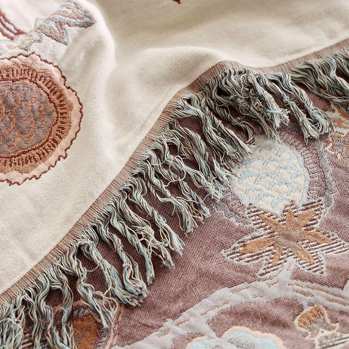 Boho Throw Blanket, 100% Cotton Ultra Soft Luxury Throw Rustic Quilt, Muslin Breathable Soft Bed Throw ，All Throw for Sofa Couch Chair 80×90 Inch
