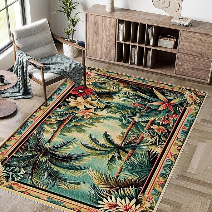 8x10 Tropical Rainforest Area Rugs Boho Forest Botanical Rug for Living Room Indoor Soft Non-Slip Thin Large Carpet Green Rugs for Bedroom Home Decor Under Table Washable Machine