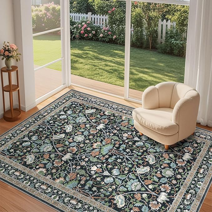 5x8 Area Rug Living Room Rugs - Washable Boho Vintage Floral Large Soft Non Slip Thin Rug Low Pile Carpet for Bedroom Dining Room Kids Playroom Office Decor Indoor- Black Blue