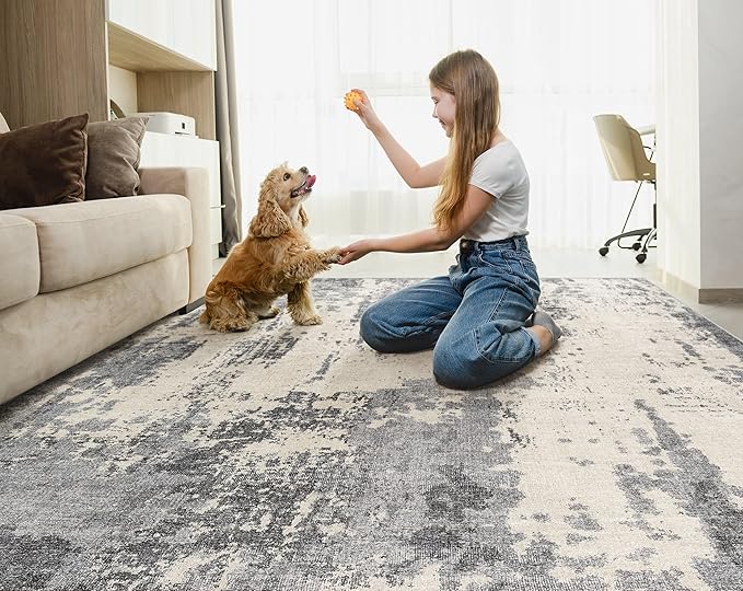 5x7 Area Rug Living Room Rugs - Washable Neutral Modern Abstract Soft Thin Rug Indoor Floor No Slip Rug Carpet for Bedroom Under Dining Table Home Office Decor - Grey/Light Brown