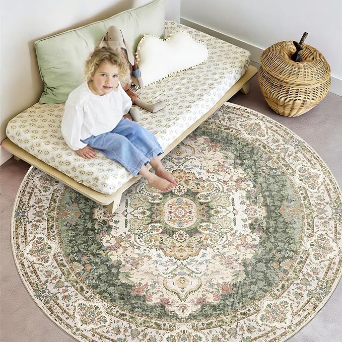 Green Round Rug 6ft,Large Circle Area Rugs for Bedroom Living Room Dining Room,Washable Boho Vintage Bohemian Distressed Oriental Carpet Non Slip,Sage Floral
