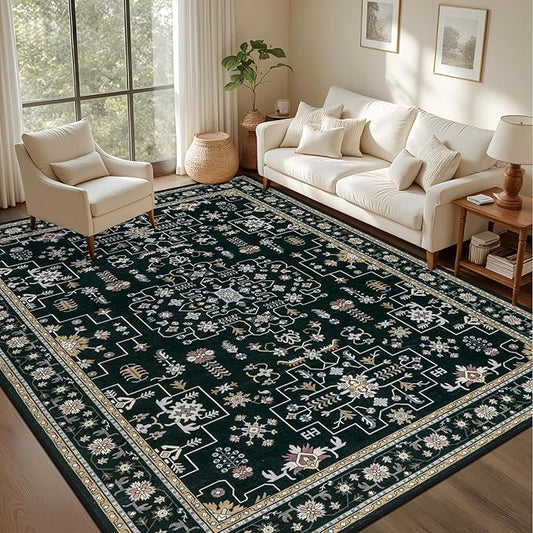 6x9 Area Rugs Living Room Rug: Washable Vintage Boho Medallion Rug No Slip Stain Resistant Soft Carpet Indoor Floor Large Carpets for Bedroom Dining Room Farmhouse Nursery Hallway Home Office Black
