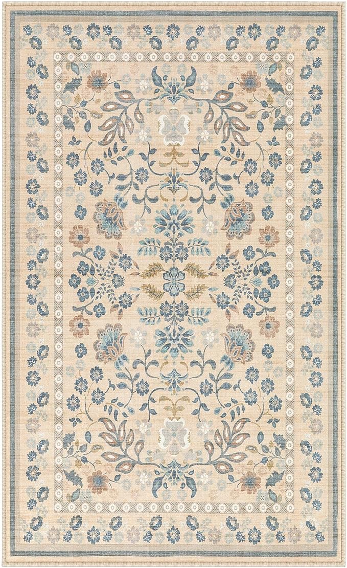 3x5 Area Rug Living Room Rugs - Washable Boho Vintage Floral Large Soft Non Slip Thin Rug Low Pile Carpet for Bedroom Dining Room Kids Playroom Office Decor Indoor- Multi Color