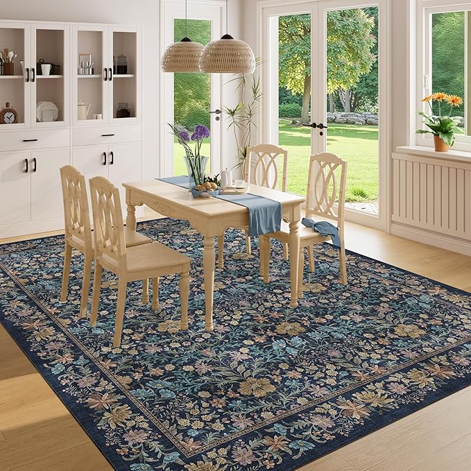 DUKINO 8x10 Area Rugs for Living Room, Vintage Floral Washable Rug with Non Slip Backing, Soft Low Pile & Non-Shedding Large Carpets for Bedroom, Farmhouse, Dining Room, Home Office, Dark Blue