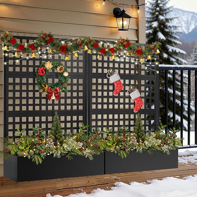 FENCY Metal Raised Garden Bed with Trellis, Metal Planter Box with Trellis, Garden Box for Climbing Plants Vegetable, 47''Lx16''Wx71''H Garden Bed with Drainage Holes(Black)