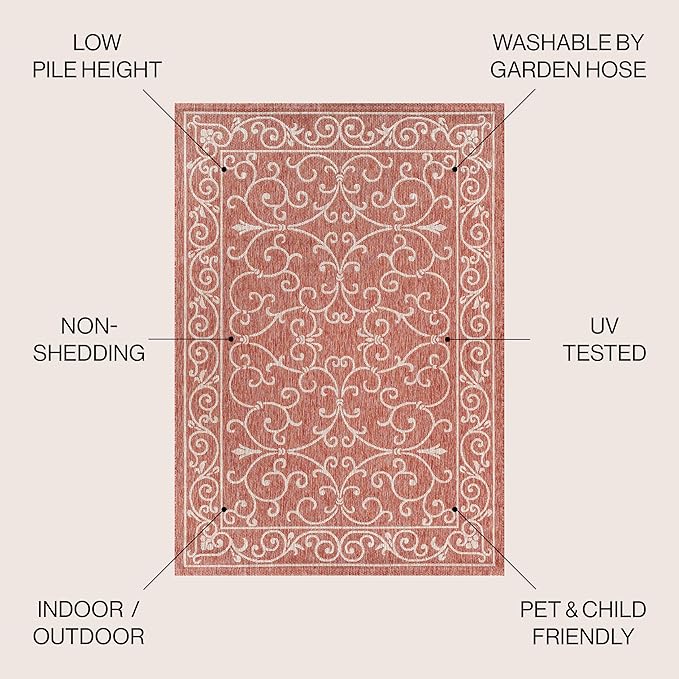 JONATHAN Y Vintage Filigree Indoor Outdoor Area Rug 5X8 Red/Beige, Charleston Textured Weave for Backyard, Patio, Porch, Easy-Cleaning, High Traffic, Pet-Friendly, Non-Shedding (SMB106B-5)