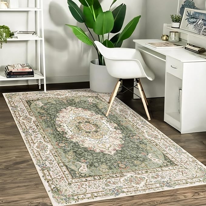 Green Rug 3x5,Washable Area Rugs for Bedroom Living Room Kitchen Entryway,Small Boho Vintage Bohemian Distressed Non Slip Carpet,Floral