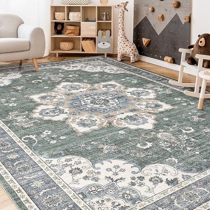 Area Rug for Living Room - 10x12 Soft Washable Oriental Vintage Floral Distressed Large Carpet - Fade Stain Resistant Non Slip Rugs for Bedroom Dining Room Nursery Dorm Office Home Decor - Green