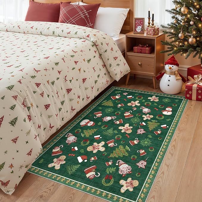 Washable Christmas Area Rug: 3x5 Neutral Modern Festive Carpet - Non-Slip Soft Thin Low Pile Throw Indoor Rugs for Bedroom Kitchen Entrance Living Room - Christmas Green