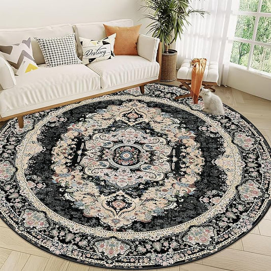 Black Round Rug 9ft,Large Circle Area Rugs for Bedroom Living Room Dining Room,Washable Boho Vintage Bohemian Distressed Oriental Carpet Non Slip,Floral