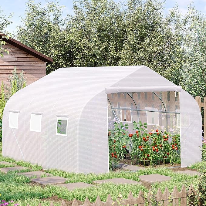 Outsunny 11.5' x 10' x 6.5' Outdoor Walk-in Greenhouse, Tunnel Green House with Roll-up Windows, Zippered Door, PE Cover, Heavy Duty Steel Frame, White