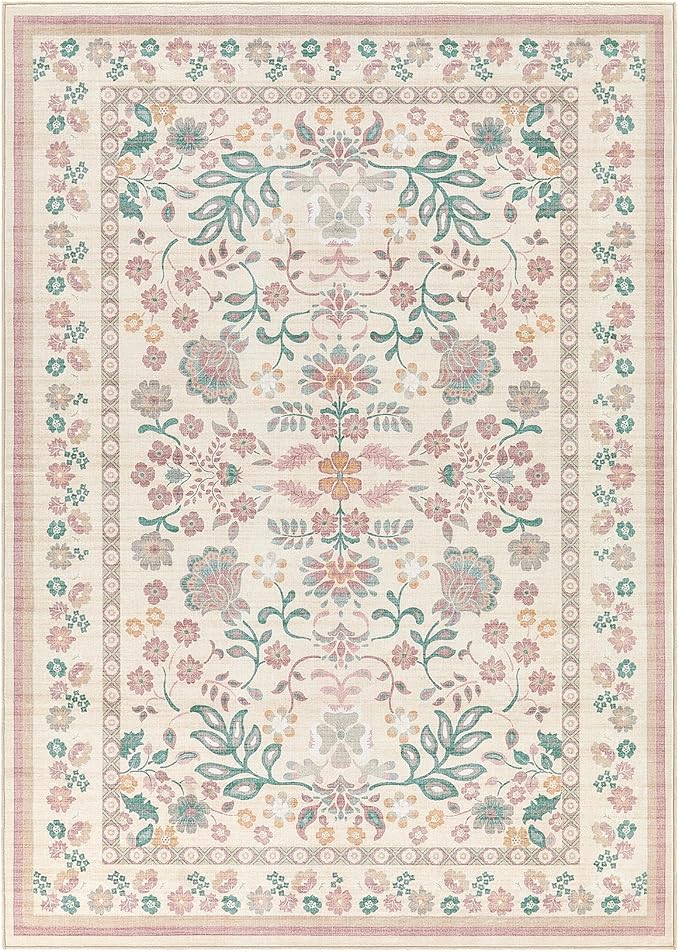 6x9 Area Rug Living Room Rugs - Washable Boho Vintage Floral Large Soft Non Slip Thin Rug Low Pile Carpet for Bedroom Dining Room Kids Playroom Office Decor Indoor- Pink