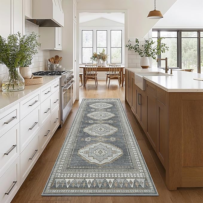 GENIMO 2x5 Washable Runner Rug for Hallway, Vintage Non Slip Low Pile Carpet, Soft Lightweight Printed Rug for Entryway, Kitchen, Corridor & Home Office, Gray/Beige
