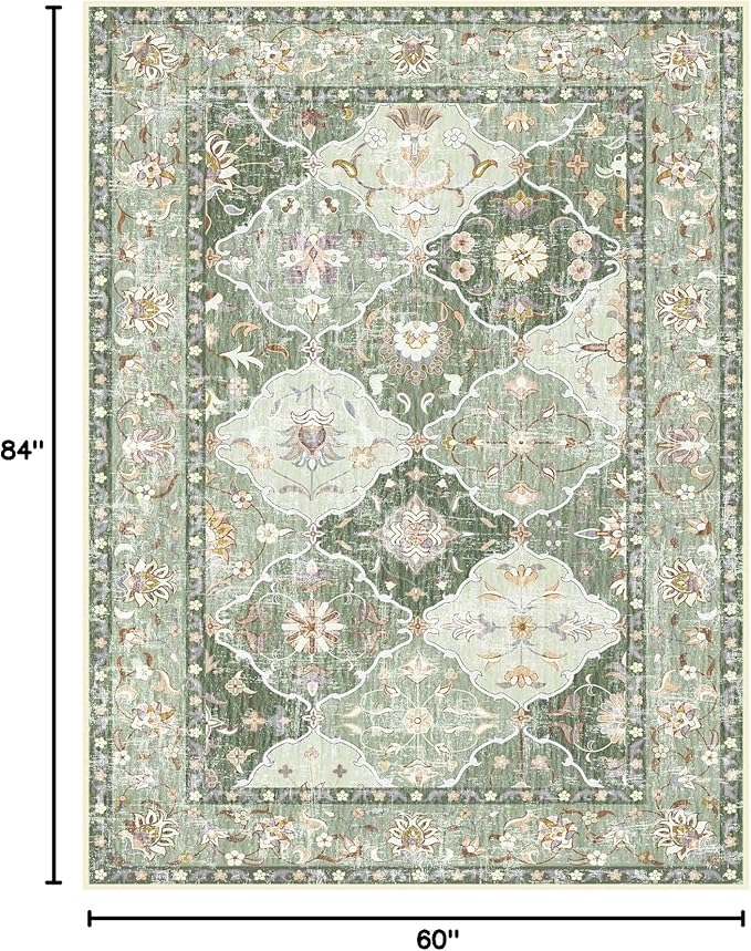 Boho Vintage Area Rugs 5×7 Washable Non-Slip Traditional Green Carpet for Living Room Bedroom Dining Room Farmhouse