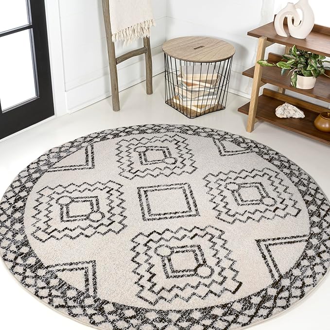 JONATHAN Y Amir Moroccan Beni Souk Cream/Black 4' Round Indoor Area Rug, Bohemian, Scandinavian, Easy-Cleaning for Living Room, Bedroom, Kitchen, Pet Friendly, Non-Shedding (MOH200A-4R)