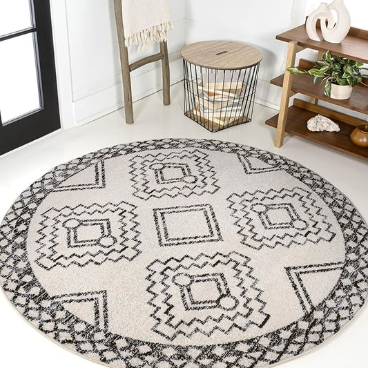 JONATHAN Y Amir Moroccan Beni Souk Cream/Black 4' Round Indoor Area Rug, Bohemian, Scandinavian, Easy-Cleaning for Living Room, Bedroom, Kitchen, Pet Friendly, Non-Shedding (MOH200A-4R)