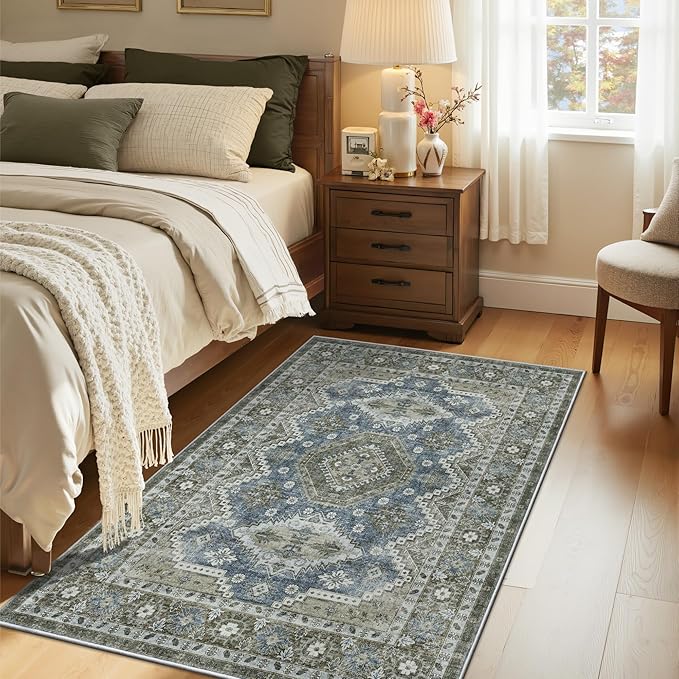 Rugland 3x5 Rug - Stain Resistant Washable Rug, Anti Slip Backing Rugs for Living Room, Vintage Tribal Area Rugs (TPR07-Green, 3'x5')