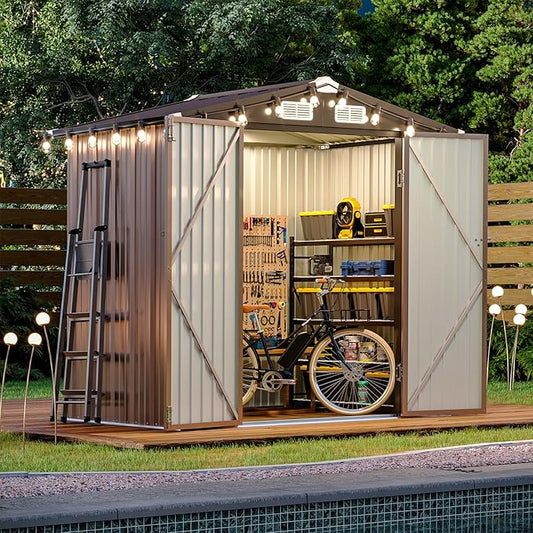 Aoxun 6.2x4 FT Shed with Solar Light Outdoor Storage Shed with Lockable Doors & Slooping Roof Metal Garden Tool Shed for Backyard, Patio, Poolside (Brown)