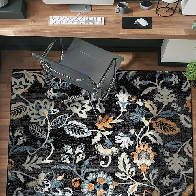 Rugshop Vine Floral Area Rug Modern for Living Room, Bedroom, or Entryway Black Multi 4' x 6' Black