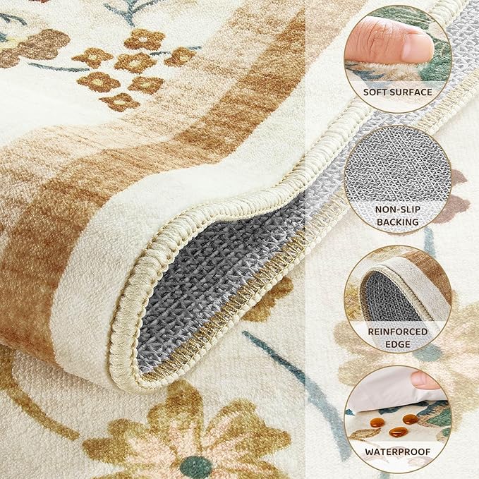 Runner Rug for Hallways Kitchen: 2x8 Washable Area Rug Boho Floral Soft Long Rug - Non-Slip Low Pile Throw Indoor Carpet for Entryway Kitchen Bedroom Laundry Bathroom - Brown