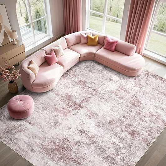 9x12 Area Rug Living Room Rugs - Washable Neutral Modern Abstract Soft Thin Large Rug Indoor Floor No Slip Rug Carpet for Bedroom Under Dining Table Home Office Decor - Pink