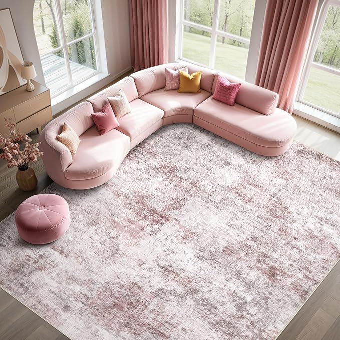 5x7 Area Living Room Rugs - Washable Neutral Modern Abstract Soft Thin Large Rug Indoor Floor No Slip Rug Carpet for Bedroom Under Dining Table Home Office Decor - Pink