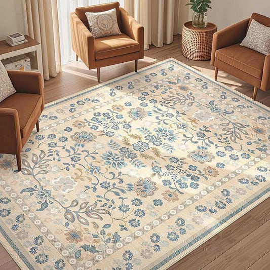 5x8 Area Rug Living Room Rugs - Washable Boho Vintage Floral Large Soft Non Slip Thin Rug Low Pile Carpet for Bedroom Dining Room Kids Playroom Office Decor Indoor- Multi Color