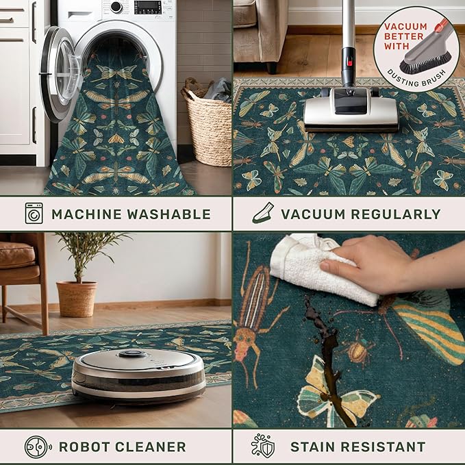 Wide Runner Rug for Hallway 2'6"x8' - Green Runner Rug for Kitchen, Hall Way, Washable Foldable Boho Insect Deor