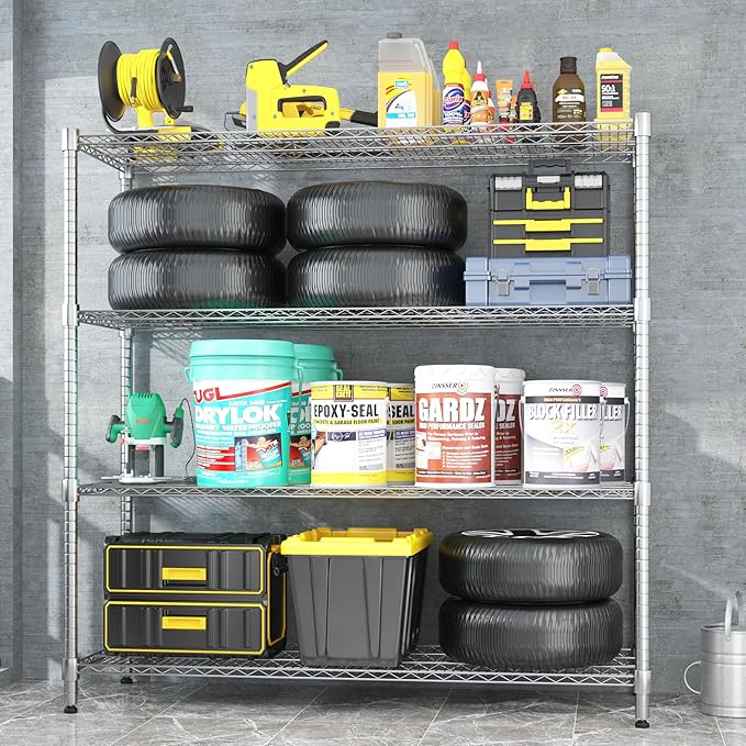 Homdox 4-Tier Heavy Duty Metal Shelves with Wheels - 2400LBS Commercial Adjustable Shelves for Garage, Pantry, Kitchen - 24"x60"x72", Chrome