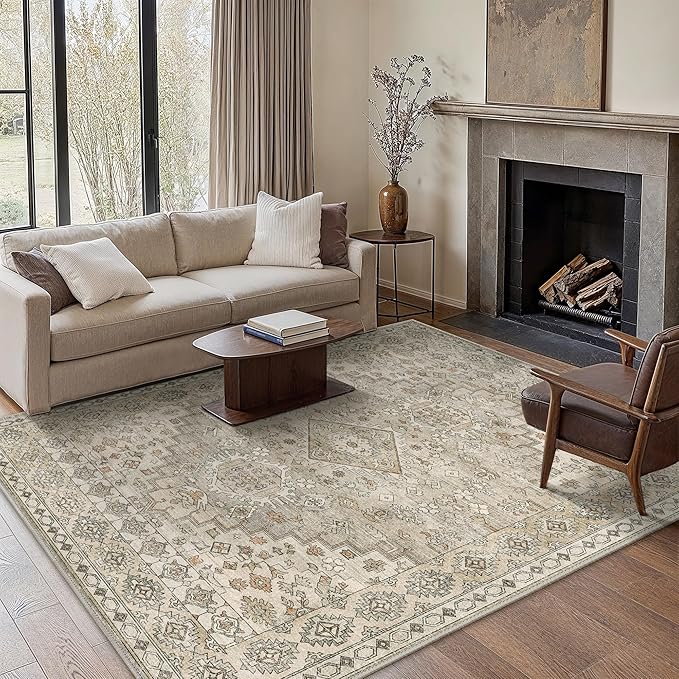 GENIMO Machine Washable 8x10 Area Rugs for Living Room, Non Slip Vintage Rugs, Low Pile Lightweight Chenille Print Rug for Bedroom, Dining Room, Home Office, Sandy Brown