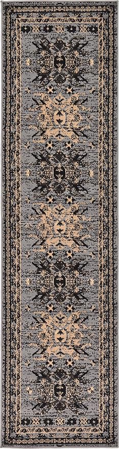 Unique Loom Taftan Collection Border Geometric Tribal Inspired Design Area Rug (2' 2 x 8' 2 Runner, Gray/ Black)