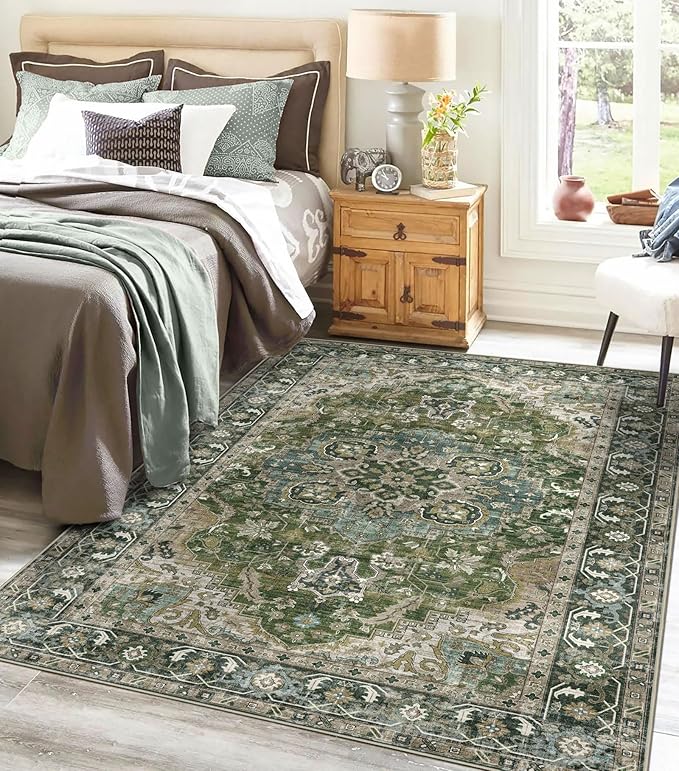 3x5 Washable Area Rug - Small Entryway Rug Non-Slip Moss Green Vintage Oriental Kitchen Rugs Low Pile Boho Carpet Throw Rugs for Living Room Bedroom Bathroom Entrance Dorm Office Home Decor