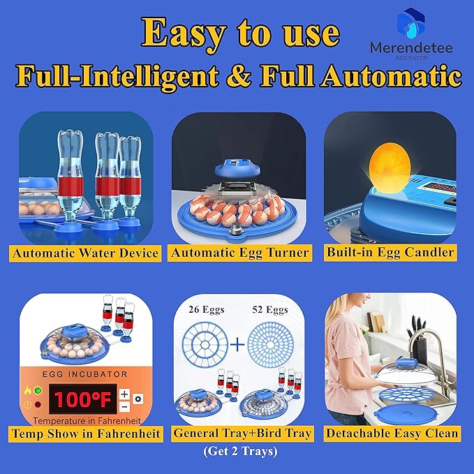 26-52 Eggs Automatic Incubator | Upgrade Automatic Water Adding |360 Degree View | incubators for Hatching Eggs |Without Installation Use (26-BLUE1)