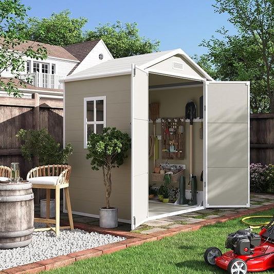 UDPATIO Outdoor Storage Shed 6x4.5 FT, Plastic Resin Outside Sheds & Outdoor Storage for Trash Can, Bike, Lawnmower, Generator, Tool Shed with Lockable Door for Backyard, Lawn, Patio, Sandstone