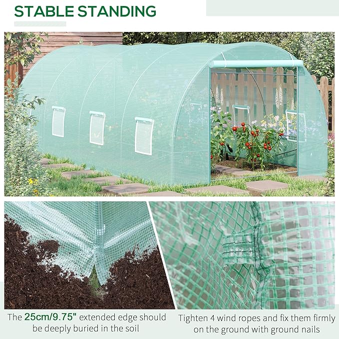 Outsunny 20' x 10' x 7' Walk-in Tunnel Greenhouse, Garden Warm House, Large Hot House Kit with 8 Roll-up Windows & Roll Up Door, Steel Frame, Green