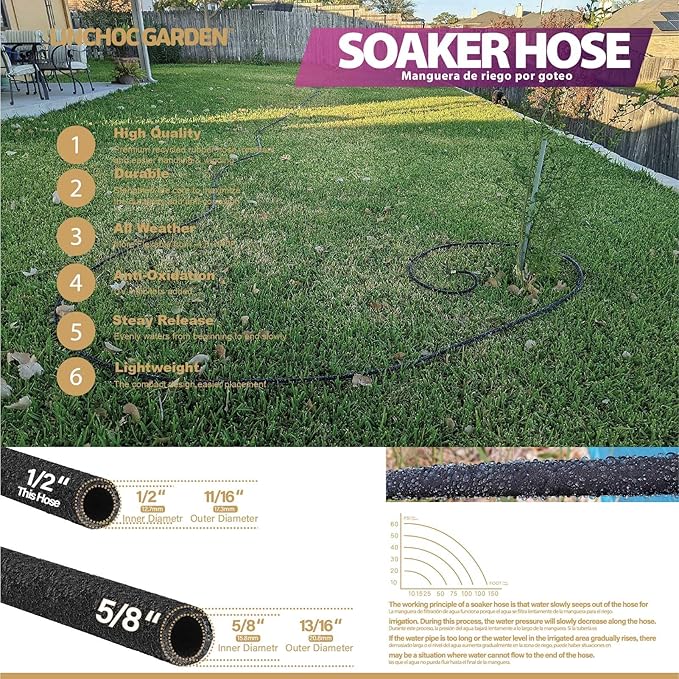 LICNCHOC GARDEN Soaker Hose 50ft,1/2 INCH Flexible Durable Garden Hose for Efficient Watering, Leak-Proof Design 100% Recycled Rubber,Ideal for Lawns,Gardens & Flower Beds