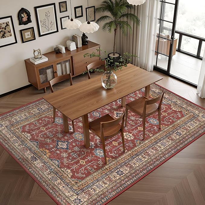 Rugland 6x9 Rug - Stain Resistant Washable Rug, Anti Slip Backing Rugs for Living Room, Vintage Tribal Area Rugs (TPR10-Burgundy, 6'x9')