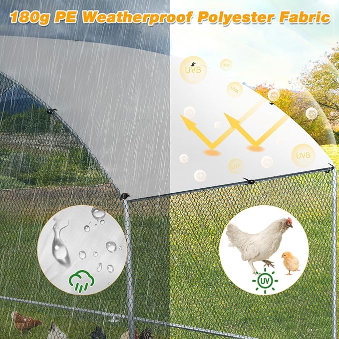 VINGLI Chicken Coop, Large Metal Poultry Cage for Chicken Run, Walk-in Chicken Pen with Waterproof & Anti-UV Cover Outdoor (Silver-Dome Roof, 6.5 * 9.8 * 6.5 ft)