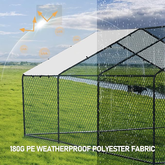 VINGLI Chicken Coop, Large Metal Poultry Cage for Chicken Run, Walk-in Chicken Pen with Waterproof & Anti-UV Cover Outdoor (Black-Spire Roof, 19.7 * 9.8 * 6.5 ft)
