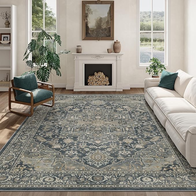 Rugland 6x9 Area Rugs - Stain Resistant Washable Rug, Anti Slip Rugs for Living Room, Vintage Tribal Area Rugs(Medallion 01-Deep/Grey, 6'x9')