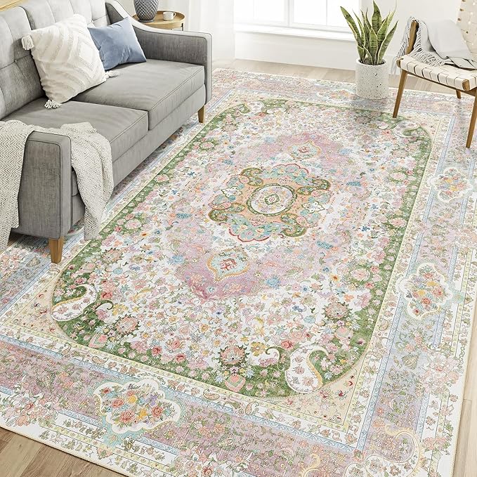 Casrage 6x9 Area Rugs Washable,Pink Rug for Living Room Bedroom Kitchen,Large Boho Vintage Bohemian Distressed Carpet Non Slip,Blush Green