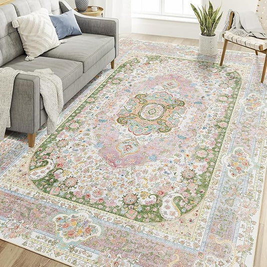 Casrage 6x9 Area Rugs Washable,Pink Rug for Living Room Bedroom Kitchen,Large Boho Vintage Bohemian Distressed Carpet Non Slip,Blush Green